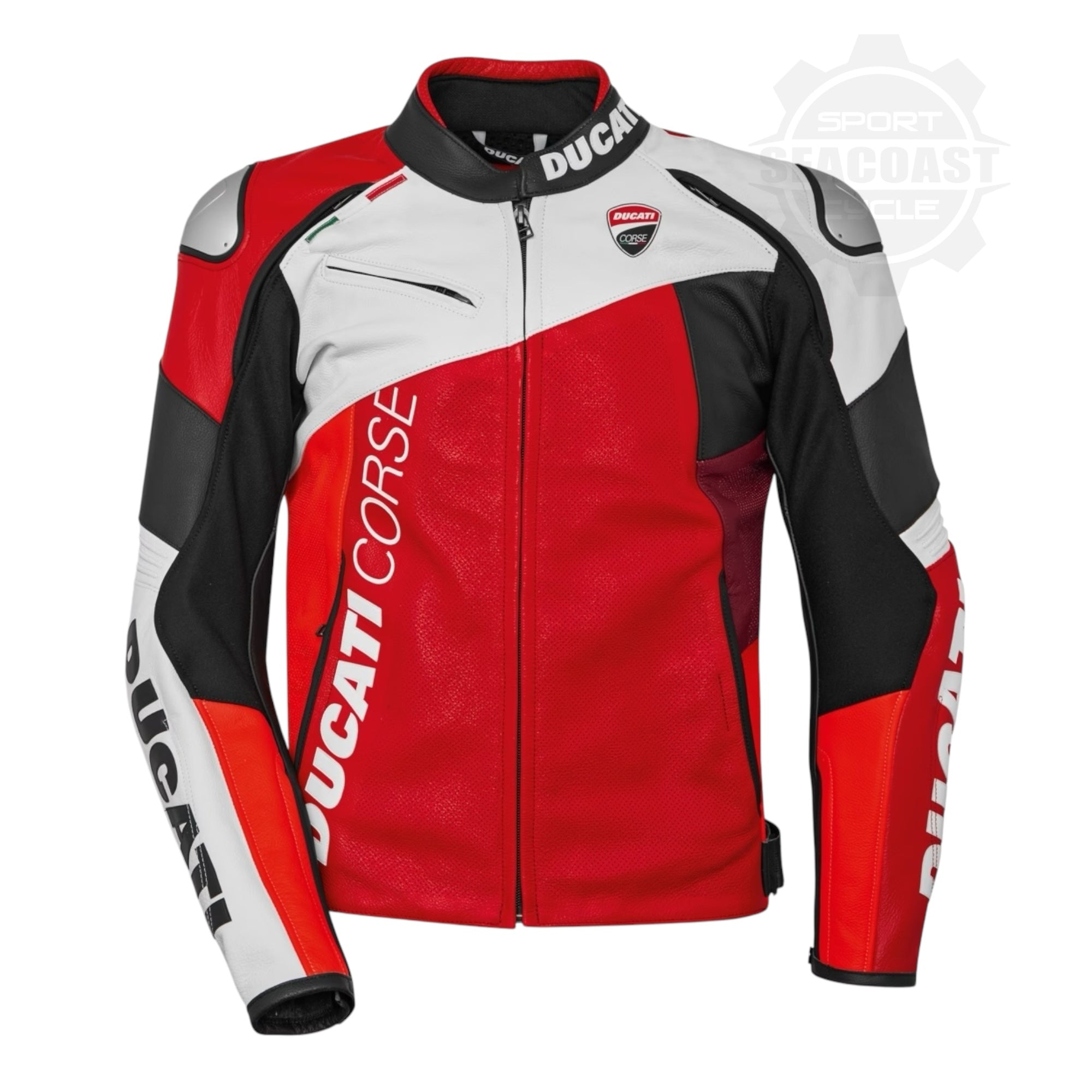 DUCATI メッシュバイクジャケット 黒/赤/白 Ducati Corse C6 Leather Motorcycle Jacket Red White Black